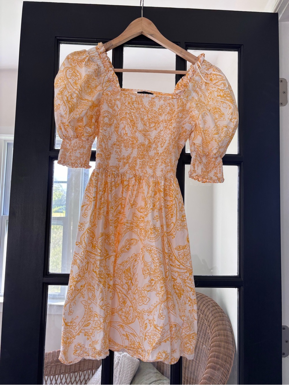 1. State Smocked Puff-Sleeve Mini Dress in Yellow Paisley